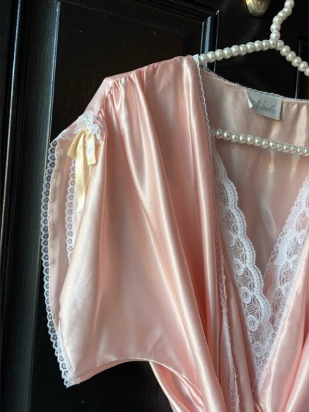 VTG Nicole Peach Pink Satin Lace Teddy Bodysuit Robe Set Size S/M - Picture 6 of 15